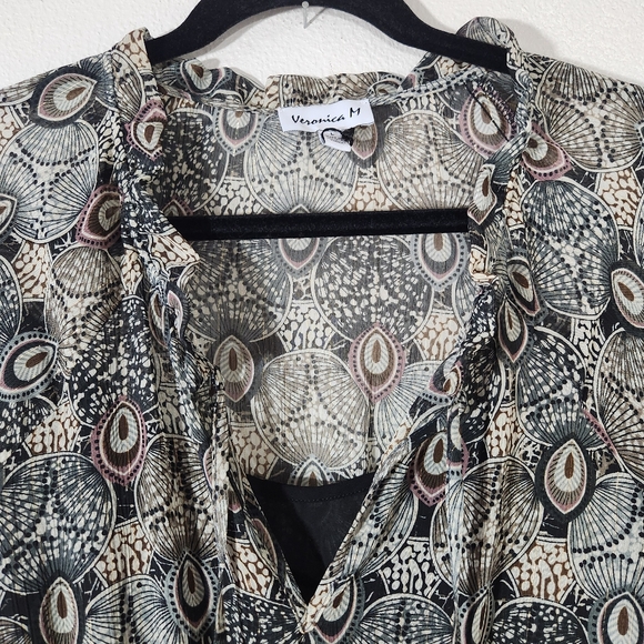 Veronica M Catia Peacock Feather Print Chiffon Smocked Dress L - Picture 7 of 17